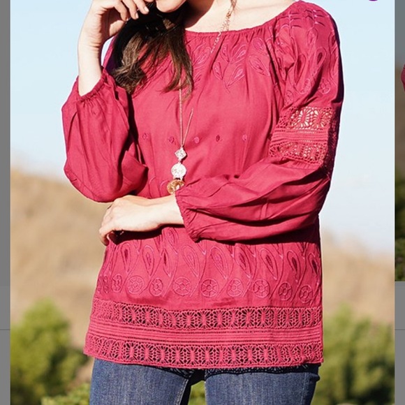 Wine 3/4 Sleeve Embroidered Lace Tunic, M - Picture 3 of 5